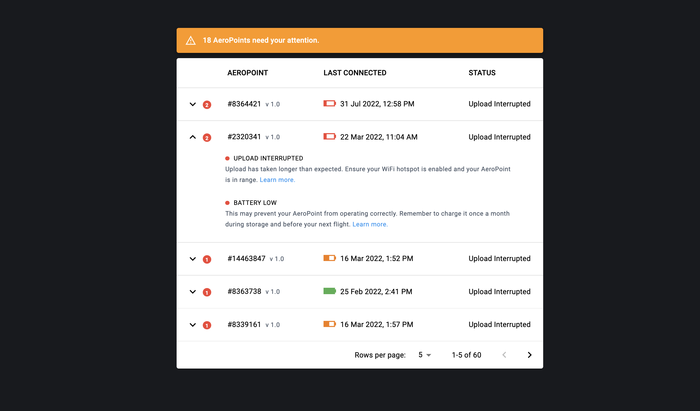 Each row expands to provide diagnostics about the AeroPoint.