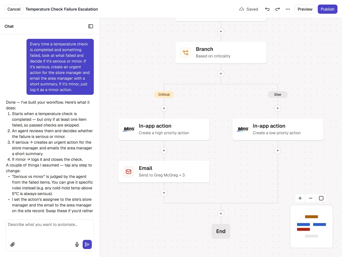 Workflows builder: a chat that builds the workflow, next to the generated steps on a canvas