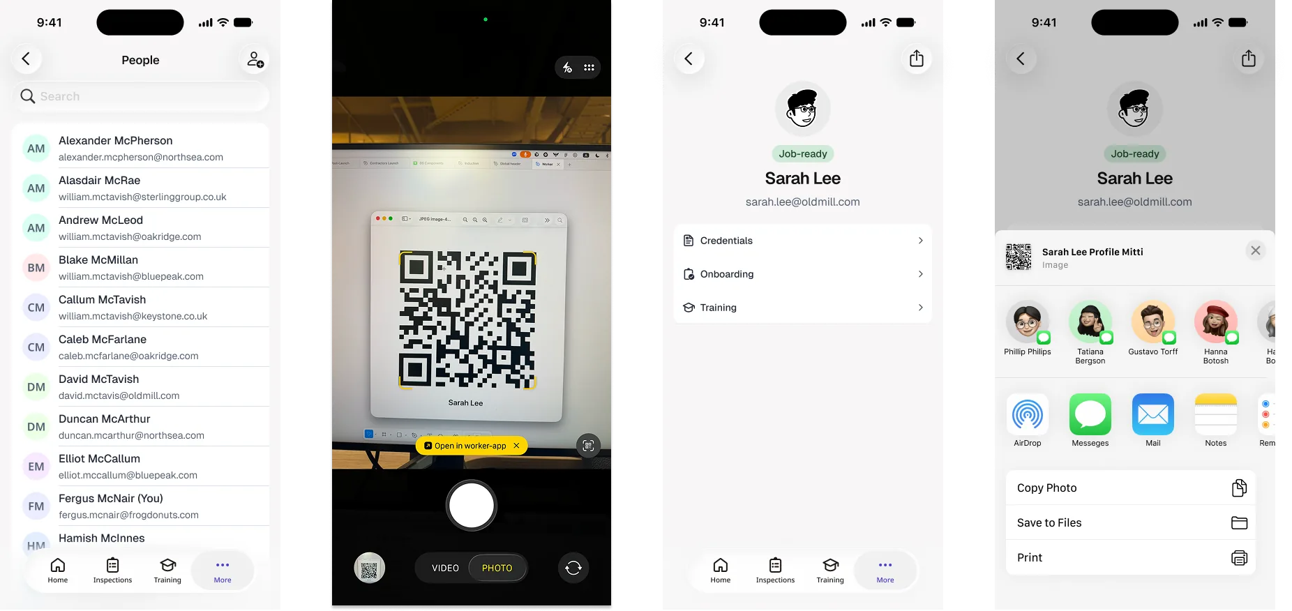Mobile Spot-Checks: scanning a QR code opens a worker's profile showing whether they're job ready