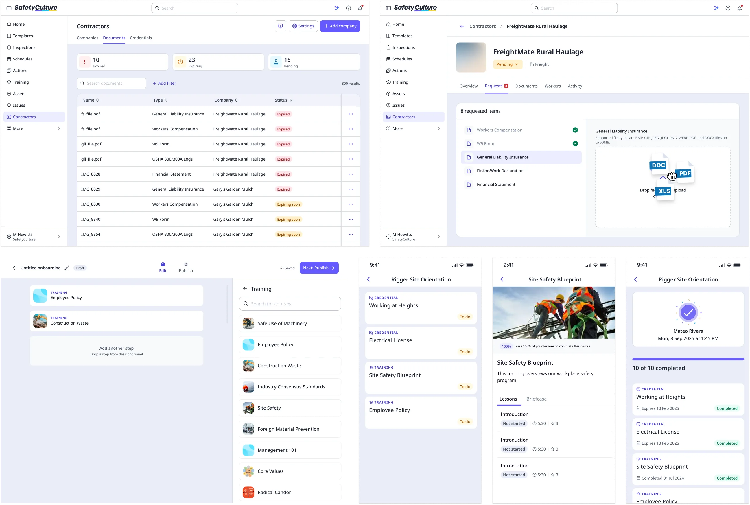 Contractor Management screens: document tracking, requests, induction builder and the worker's mobile induction