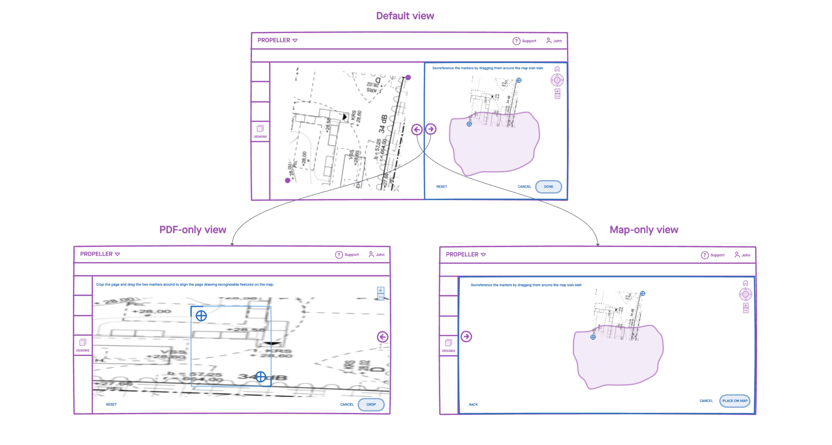 Wireframes of a split view with the PDF and the map side by side