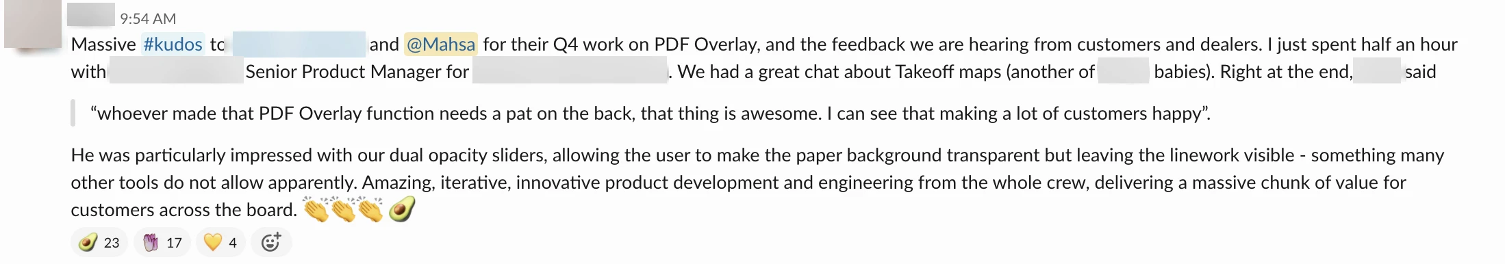 Slack kudos for the PDF Overlay team, quoting a senior product manager at a dealer: whoever made that PDF Overlay function needs a pat on the back, that thing is awesome