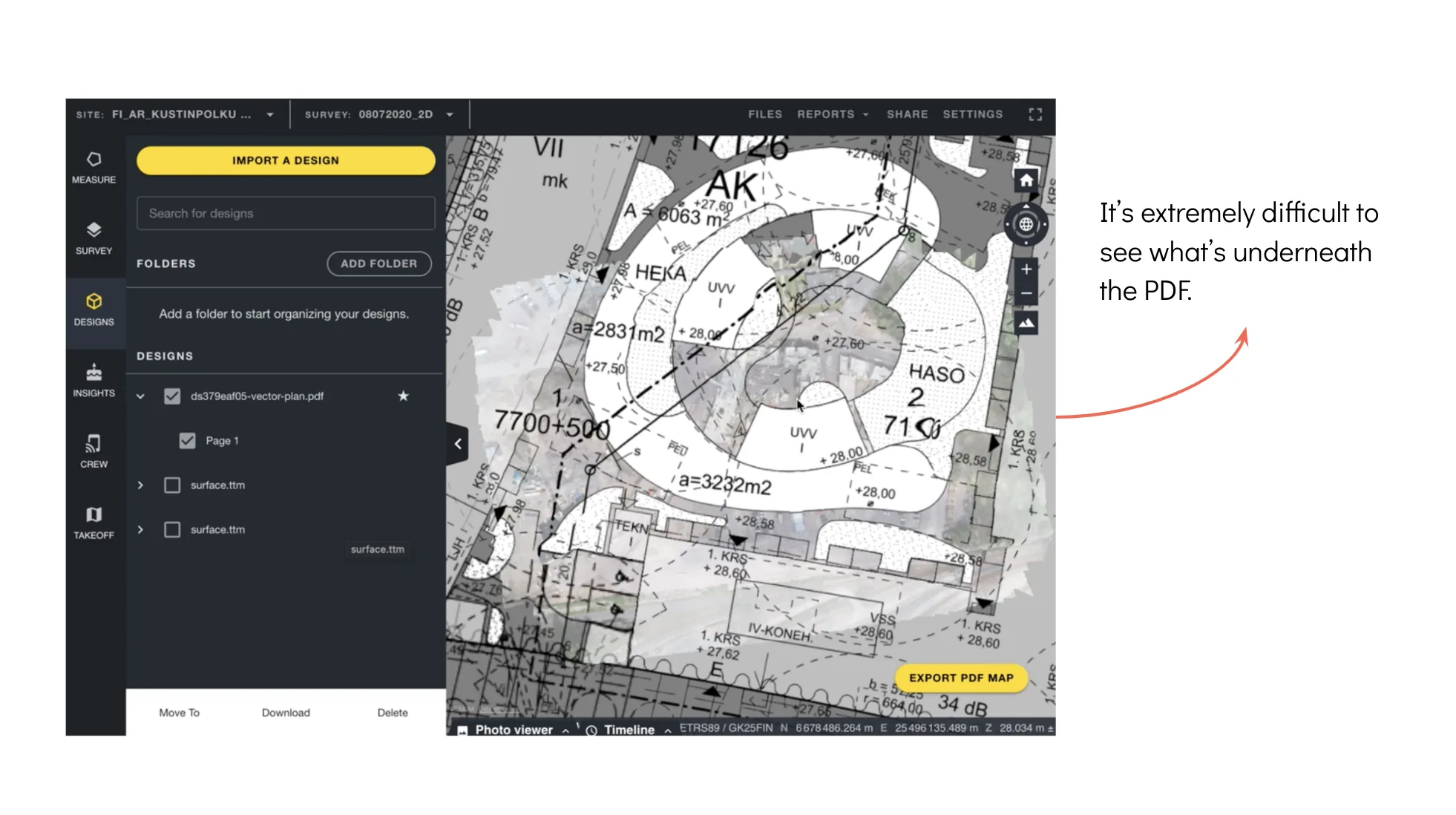 A PDF overlaid on the map at the default opacity, making the map hard to read